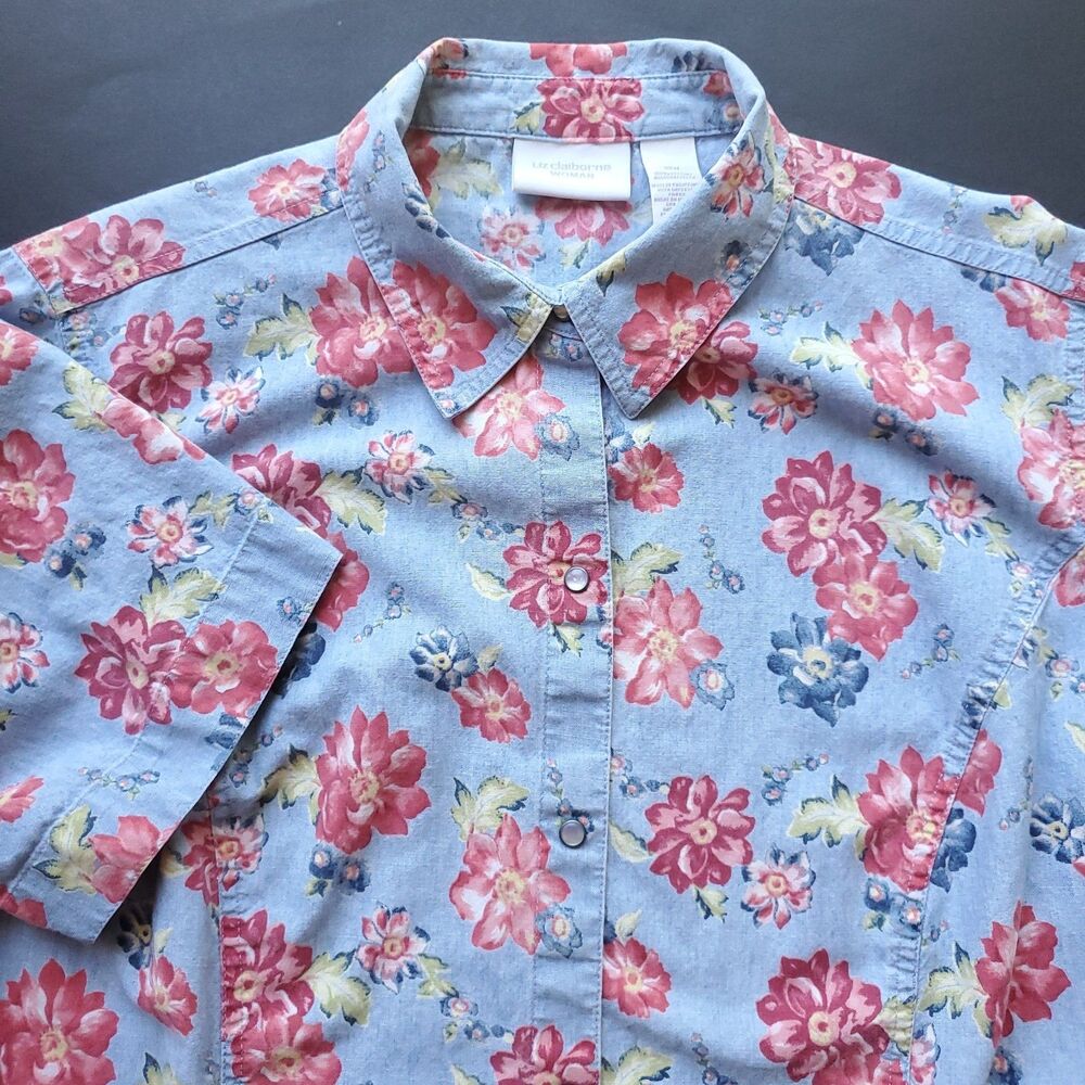 VTG Floral Chambray Denim Pearl Snap Top 18W Country Cottage 90s Liz Claiborne